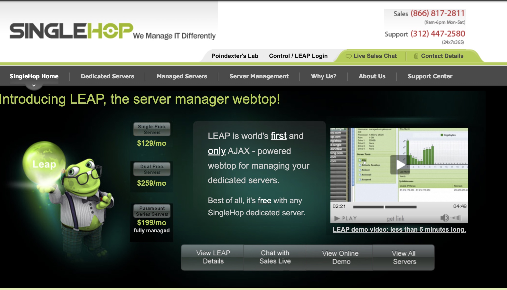 An old SingleHop website introducing the LEAP server management webtop